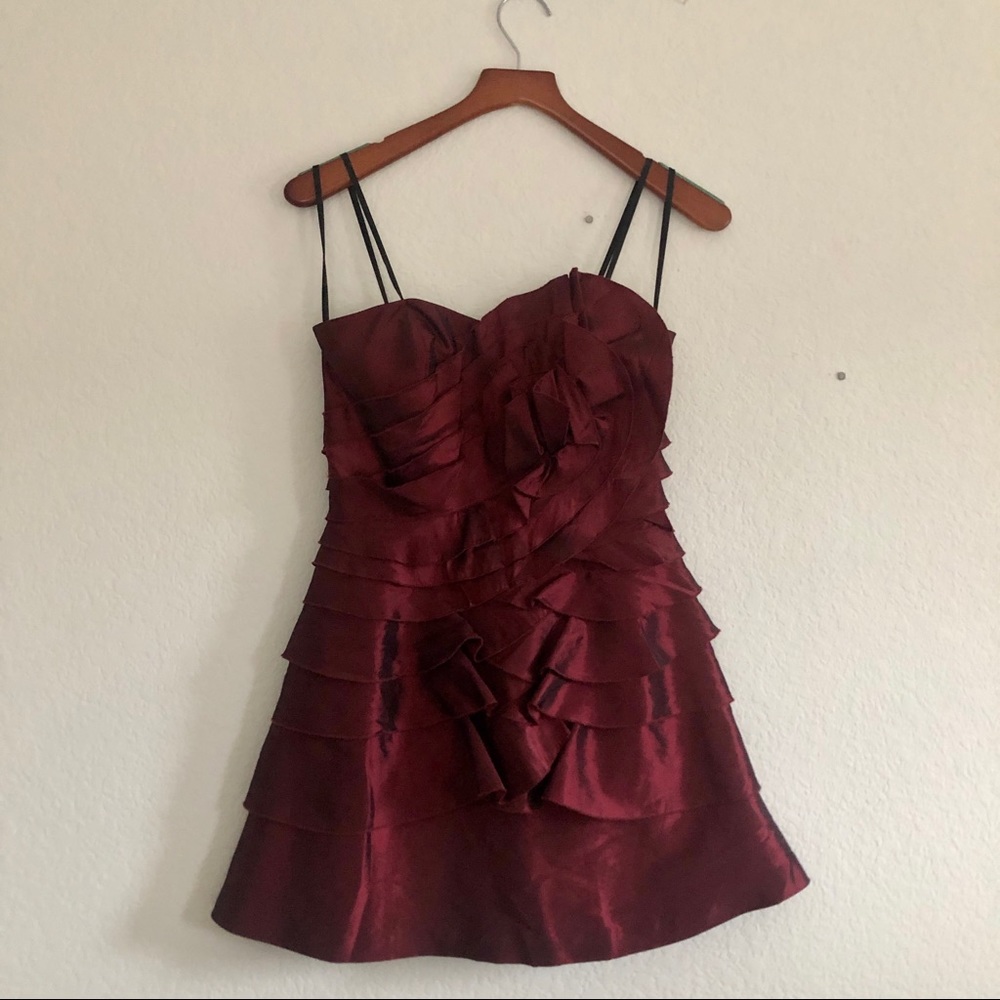 Crimson Strapless Ruffle Cocktail Dress